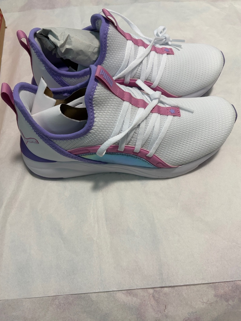 Puma Kids White Sneakers with Pink and Lavender Accents